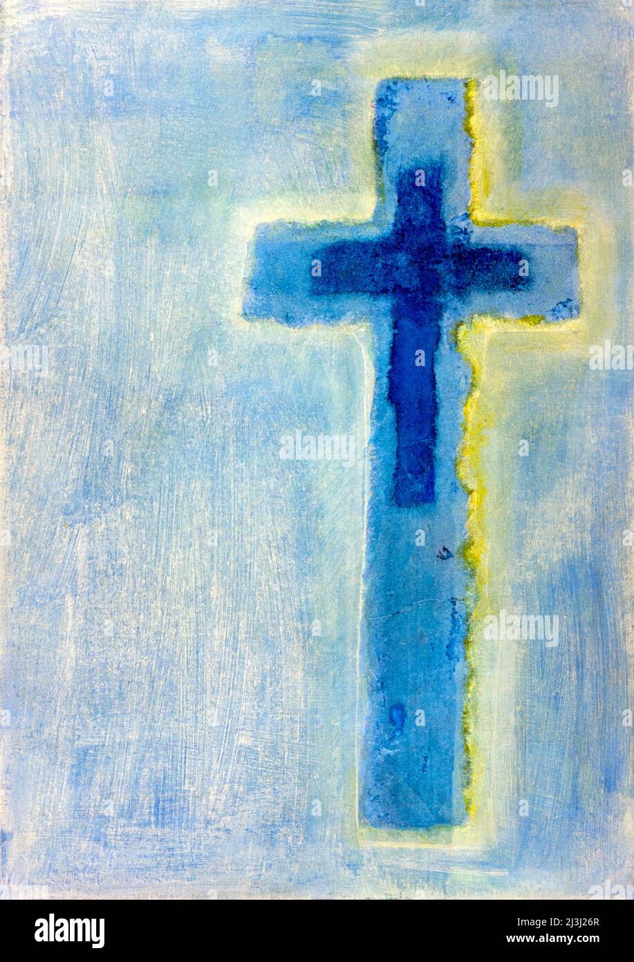 Gemälde von Regine Martin, blaues Kreuz auf blauem Hintergrund mit gelbem Licht auf der rechten Seite Stockfoto