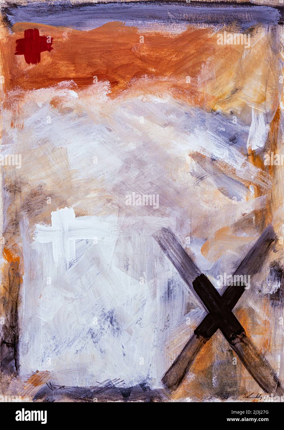 Gemälde von Peter Schütte, abstrakt, schwarzes X und weißes Kreuz auf hellem Hintergrund, kleines rotes Kreuz Stockfoto