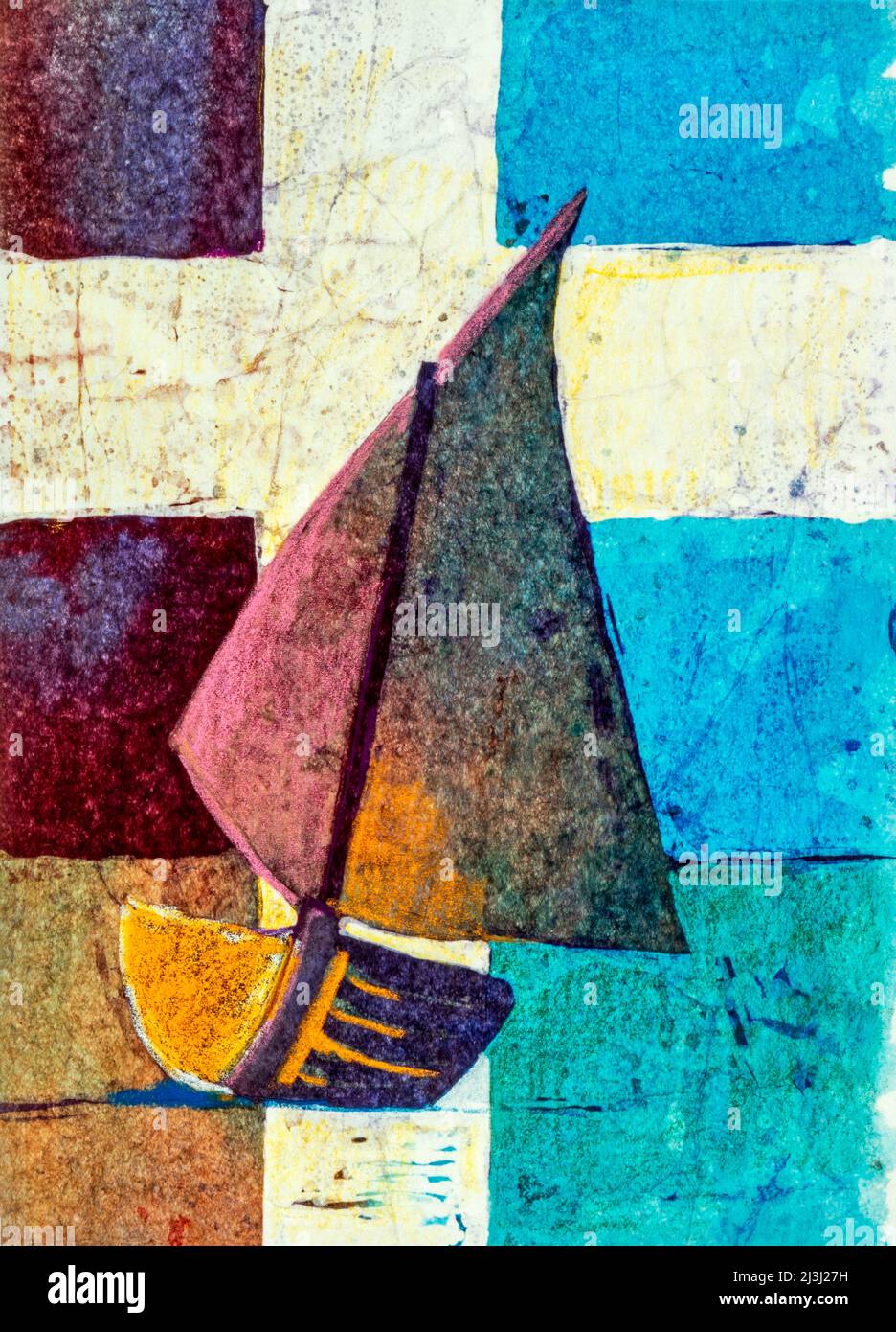 Batika-Aquarell auf japanischem Papier von Regine Martin Segelschiff, helles Kreuz, symbolisches Bild für das Lied: Ein Schiff, das sich Kirche nennt, segelt durch das Meer der Zeit das Ziel, das ihm die Richtung zeigt, heißt Gottes Ewigkeit Stockfoto