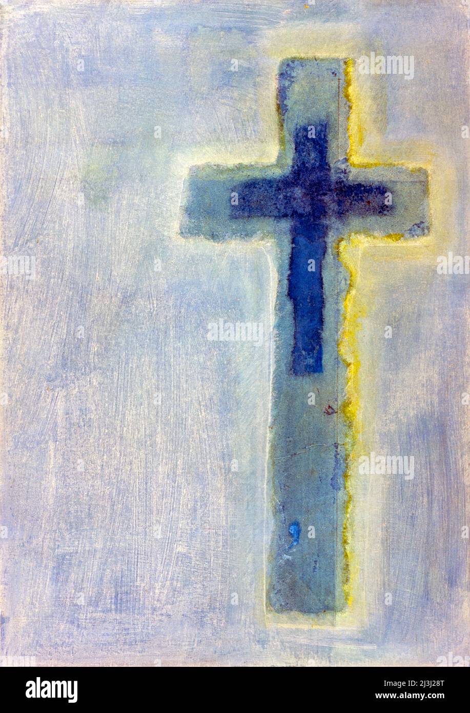 Gemälde von Regine Martin, Dunkles Kreuz auf hellem Hintergrund mit gelbem Lichtglanz auf der rechten Seite Stockfoto