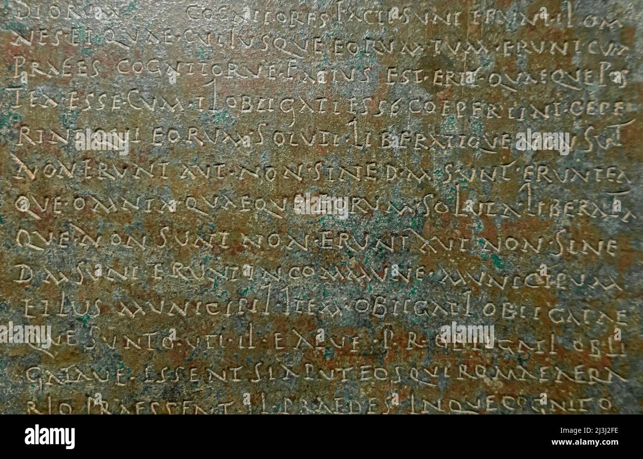 Lex Malacitana, Detail. Details Gesetzestabelle mit einem Teil des Gesetzes, das der Gemeinde Flavium Malacitano 81-96 n. Chr. erteilt wurde. Bronze. Malaga Stockfoto