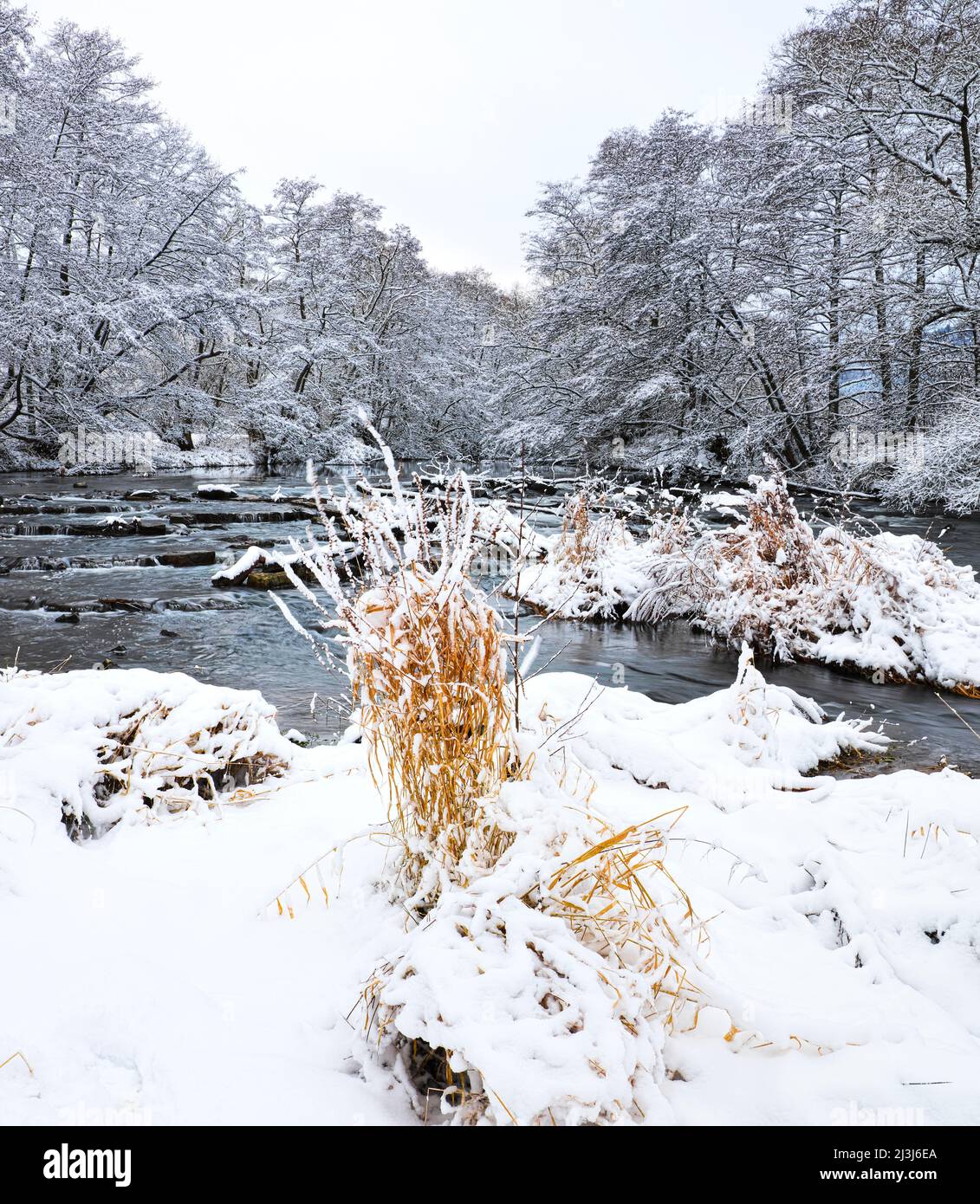 Europa, Deutschland, Hessen, Marburger Land, Winterstimmung auf der Lahn bei Lahntal, Stromschnellen Stockfoto