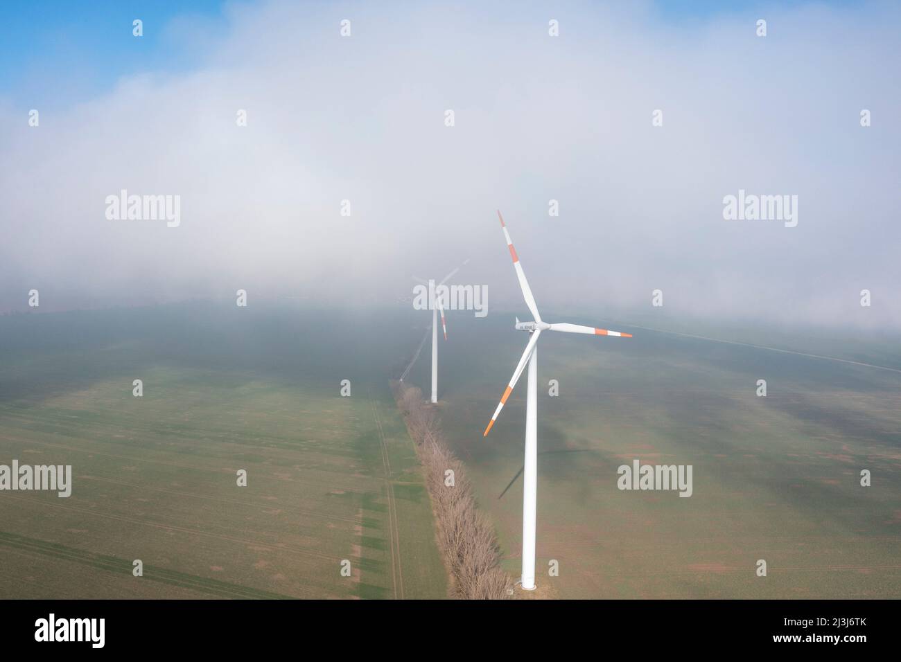 Windturbinen steigen aus einer Nebelwand. Stockfoto