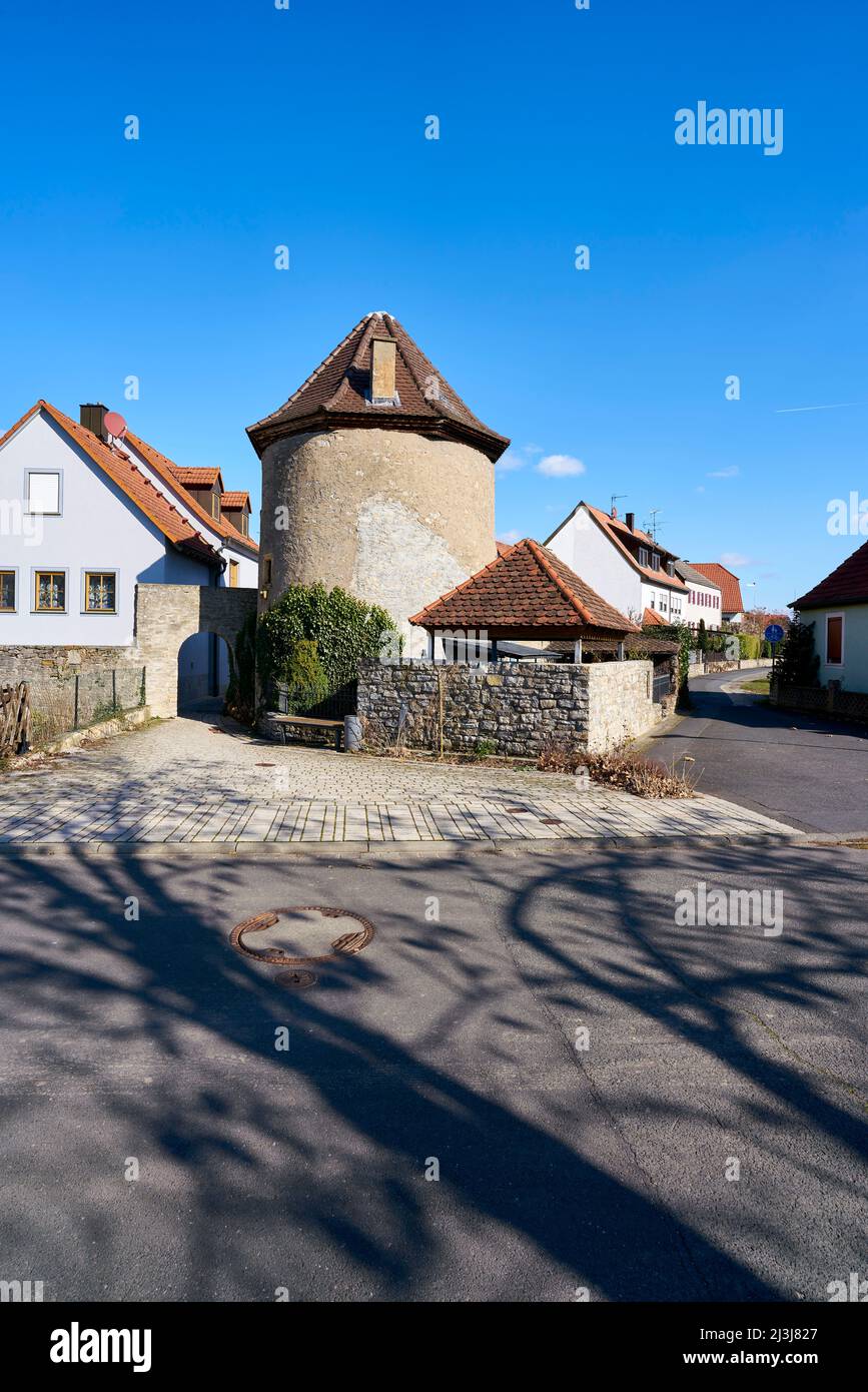 Historisches Dorfzentrum des Weindorfes Sommerach an der Vokacher Mainschleife, Bezirk Kitzingen, Unterfranken, Franken, Bayern, Deutschland Stockfoto