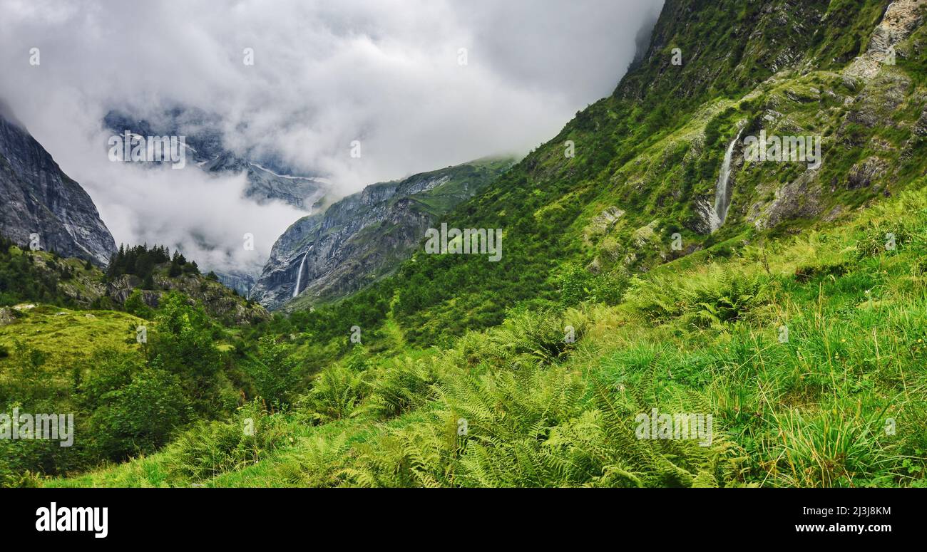 Wildes Original Maderanertal, zwei Wasserfälle an einem bewölkten Sommertag, Glarner Alpen, Uri, Schweiz Stockfoto