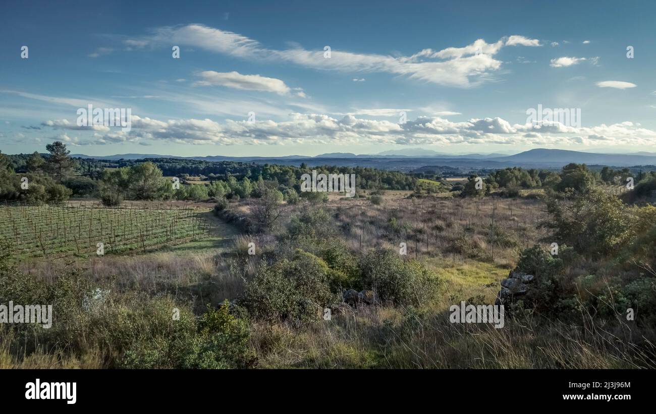 Landschaft in der Nähe von Azillanet. Das Gebiet gehört zum Regionalen Naturpark Haut Languedoc. Stockfoto