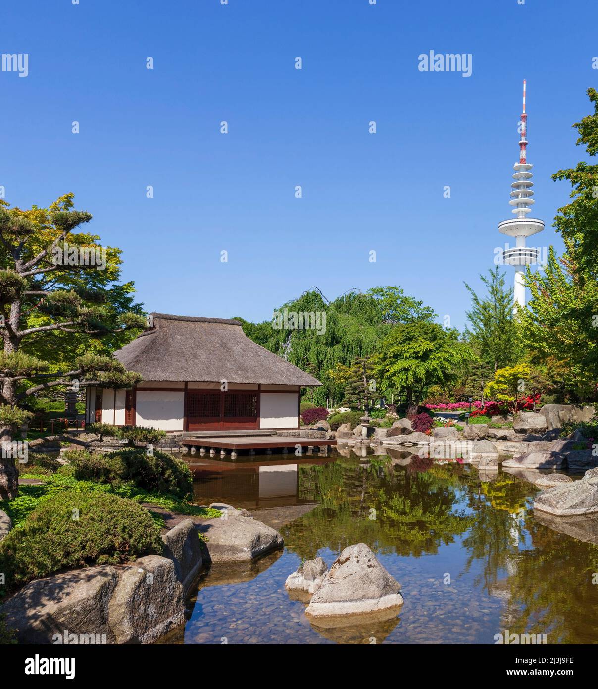 Japanischer Garten, Teehaus und Teich mit Fernsehturm, Hamburg