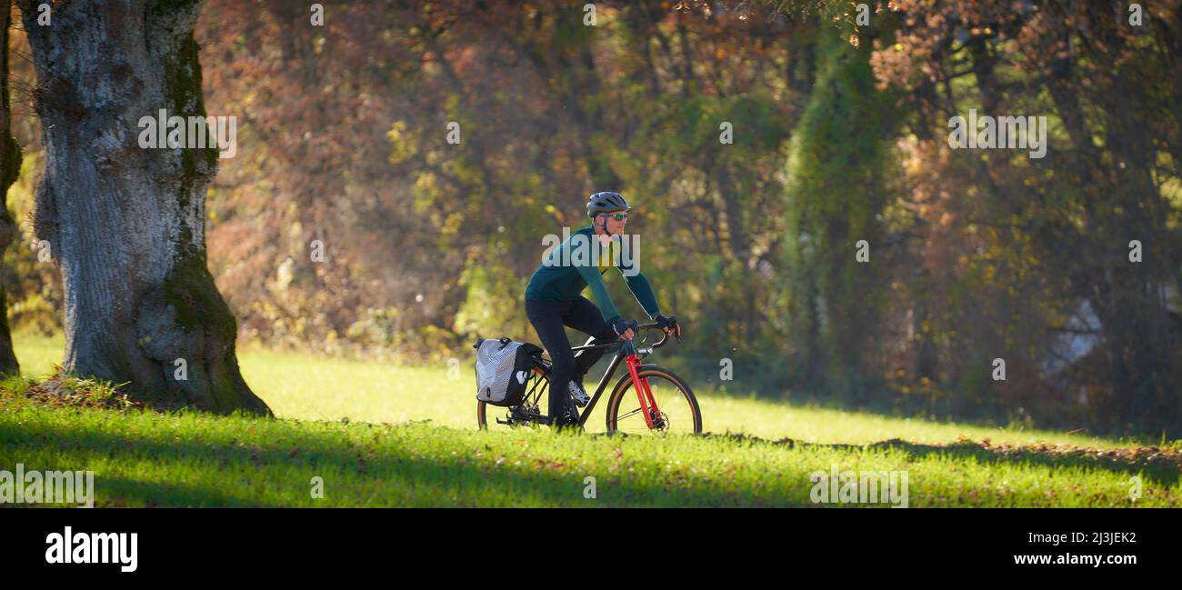 Mann mittleren Alters auf Rennrad, Avenue bei Berg, Bayern, Deutschland Stockfoto