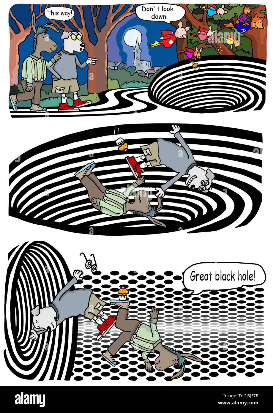 Eine Karikatur über Schwarze Löcher und Pop Art Stockfoto
