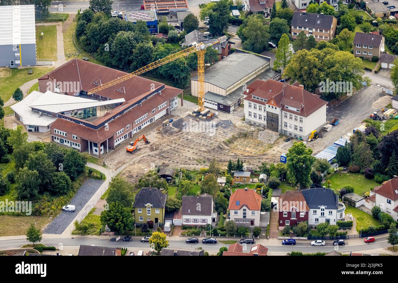 Luftaufnahme, Baustelle mit Erweiterung der Falkschule / Arnold-Freymuth-Gesamtschule in Herringen, Hamm, Ruhrgebiet, Nordrhein-West Stockfoto