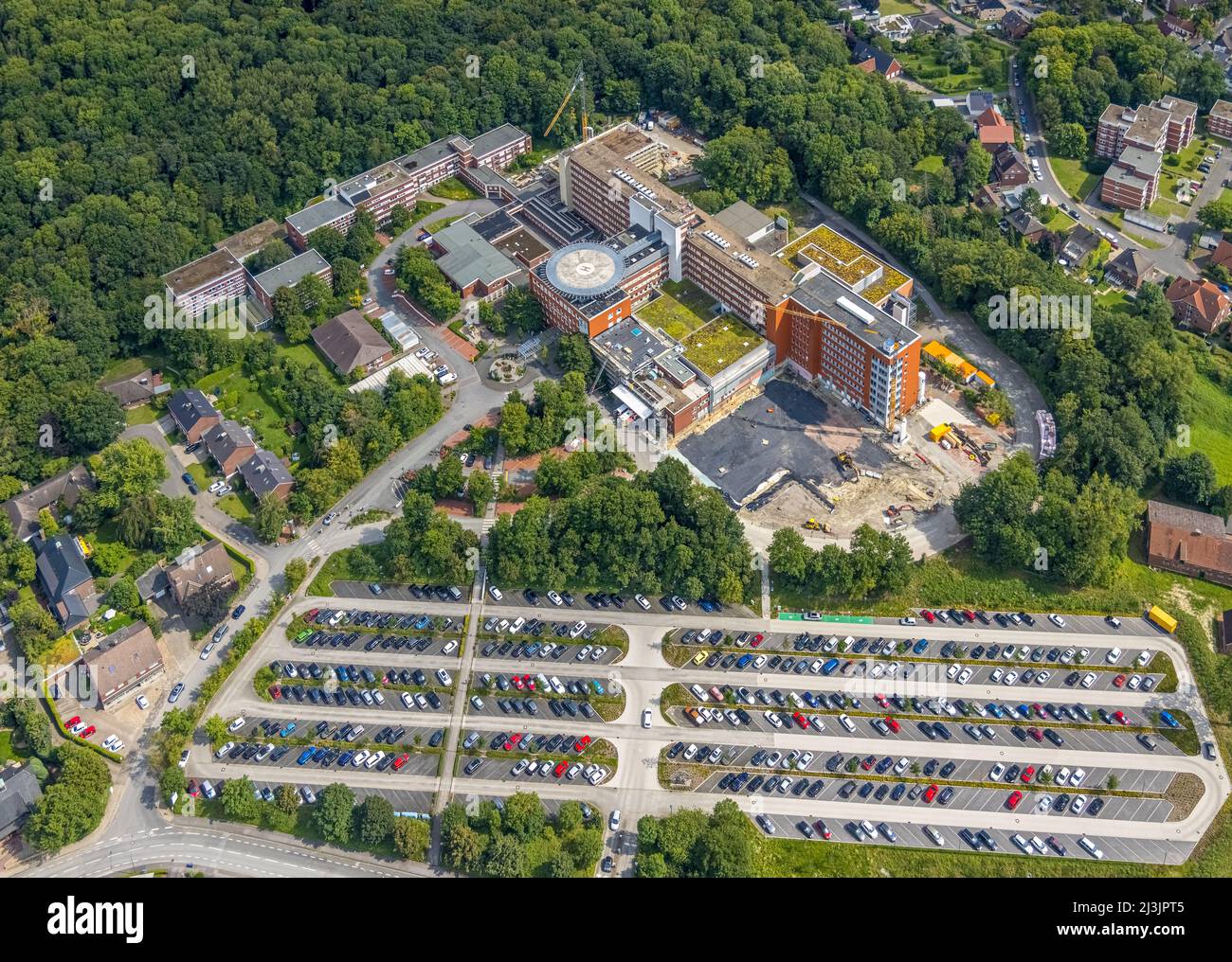 Luftaufnahme, St. Barbara Krankenhaus Hamm-Heessen mit Erweiterungsbaustelle im Landkreis Heessen, Hamm, Ruhrgebiet, Nordrhein-Westfalen, G Stockfoto