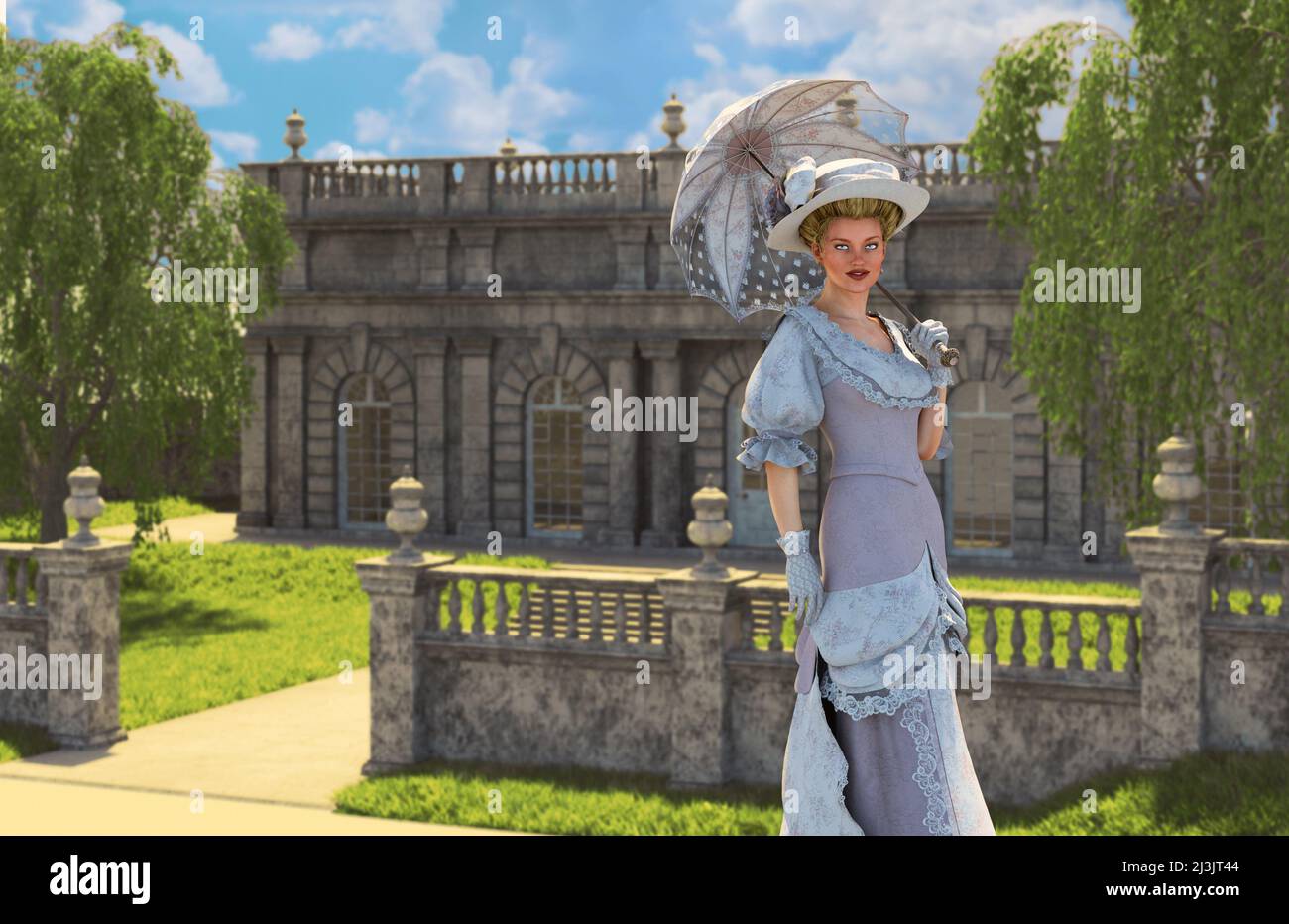 Frau in einem Vintage-Rosenkleid, einem klassischen edwardianischen Outfit, die an einem sonnigen Tag, 3D, in einem Park vor einer Orangerie und Weidenbäumen spazierengeht Stockfoto