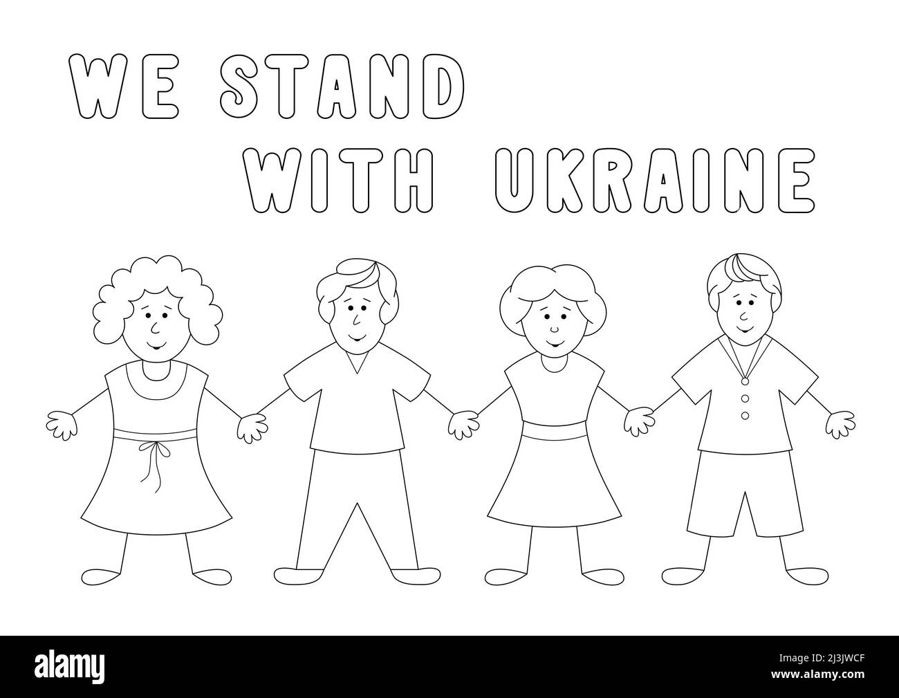 Einfache Malseite für Kinder und Erwachsene, stehen wir mit der ukraine, Menschen halten Hände. Sie können es auf Standard A4 Papier drucken Stockfoto