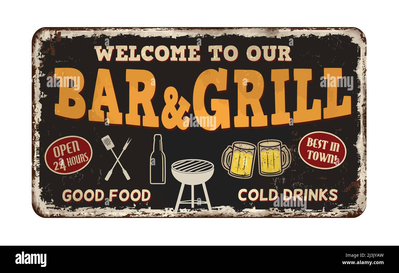 Bar and Grill vintage rostigen Metall-Zeichen auf weißem Hintergrund, Vektor-Illustration Stock Vektor