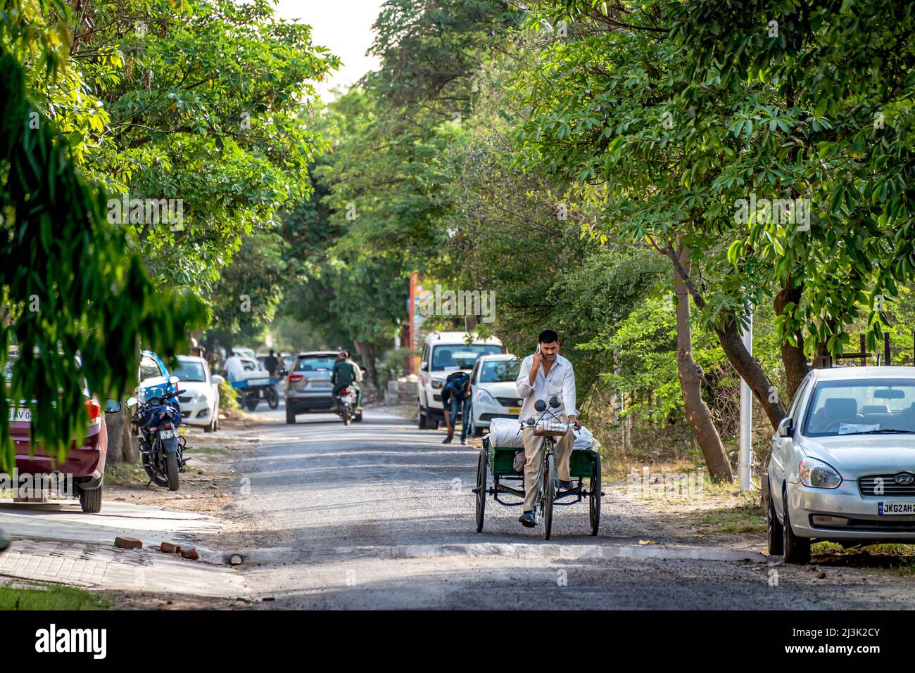Straßenszene in einem Dorf in Indien mit Fahrzeugen und Motorrädern und einem Mann, der mit einem Anhänger fährt und telefoniert Stockfoto