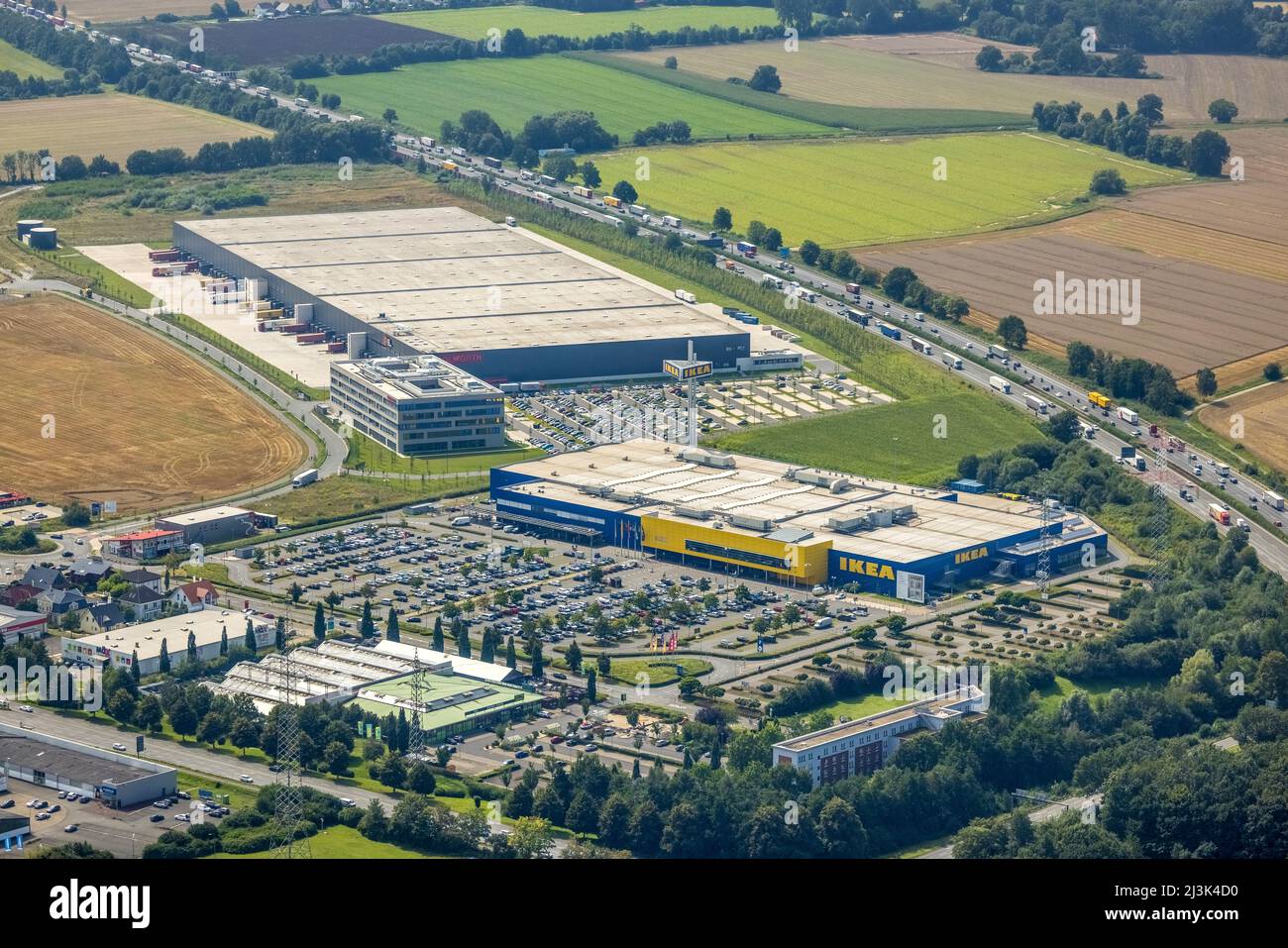 Luftaufnahme, Industriegebiet Unna / Kamen mit Ikea und Woolworth, Südkamen, Kamen, Ruhrgebiet, Nordrhein-Westfalen, Deutschland, DE, Europa, commerci Stockfoto