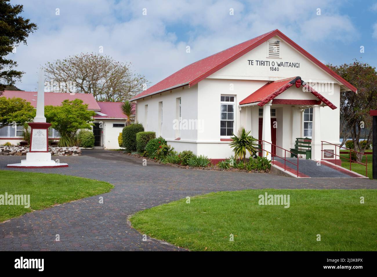 Maori-Versammlungshaus, Te Tiriti o Waitangi, errichtet 1964, Paihia, Nordinsel, Neuseeland. Stockfoto