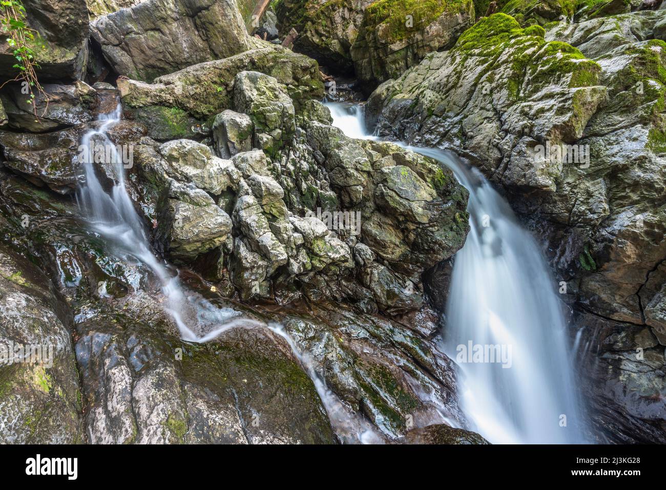 Rollstuhlgerecht, nur 400m Gehminuten vom Parkplatz entfernt, der Afon Sychryd River in Rhondda Cynon TAF, am einfachsten zu erreichen, in der Nähe von Dinas Rock, Wasserfällen, Mo Stockfoto