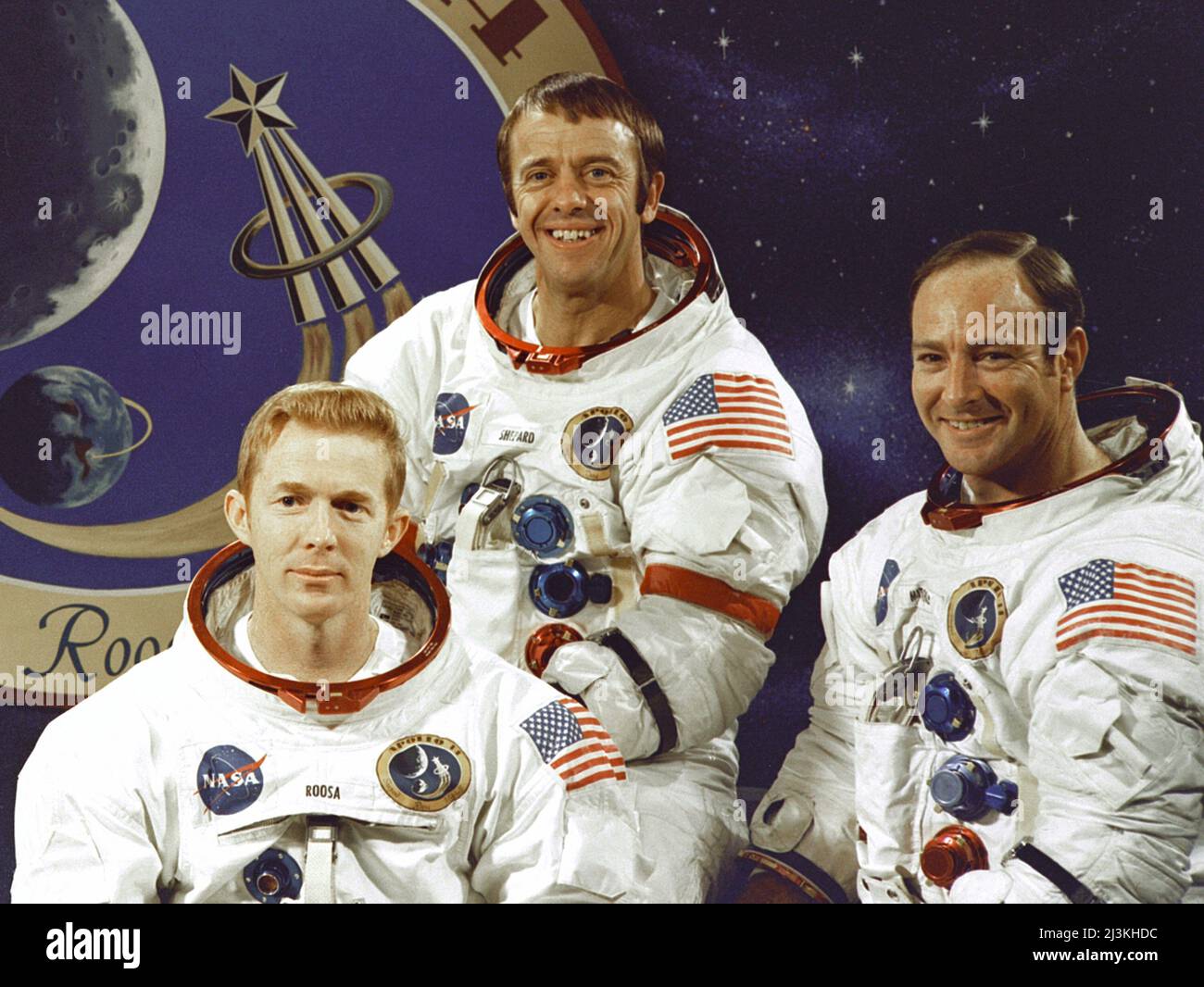 Die Hauptmannschaft der Mondlandemission Apollo 14. Von links nach rechts sind es Stuart Roosa, Alan Shepard und Edgar Mitchell Stockfoto