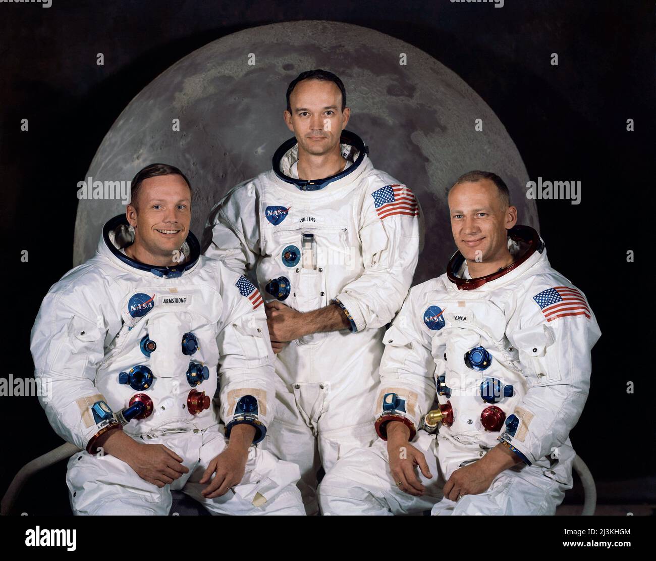 Die Besatzung der Mondlandemission Apollo 11, abgebildet von links nach rechts, Neil Armstrong, Michael Collins und Edwin (Buzz) Aldrin. Apollo 11 war die erste Mission, die auf dem Mond landete, und Neil Armstrong und Buzz Aldrin waren die ersten Männer, die auf dem Mond gingen. Stockfoto