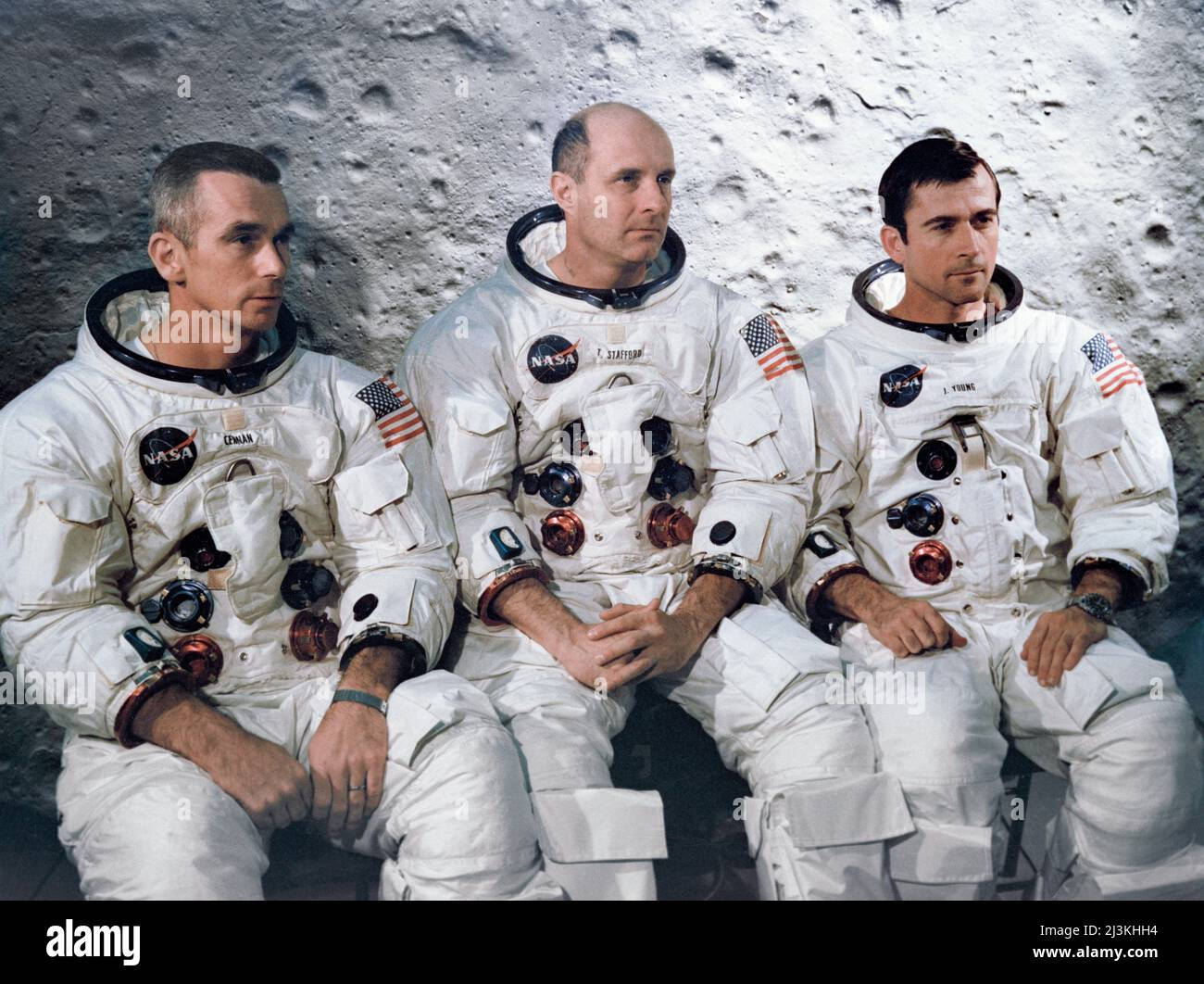 Die Hauptmannschaft der Apollo 10-Mondbahn-Mission im Kennedy Space Center. Sie sind von links nach rechts: Lunar Module Pilot, Eugene Cernan, Commander, Thomas Stafford und Command Module Pilot John Young. Stockfoto