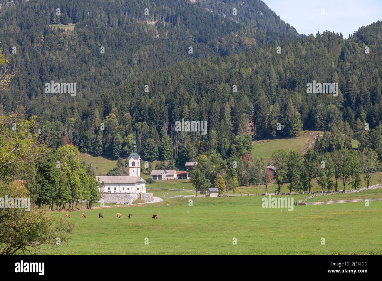 Bild einer Kirche, einer katholischen Kapelle, in zgornje jezersko, einem ländlichen Dorf in Slowenien an der österreichischen Grenze, in den Julischen alpen, im Sommer, mit i Stockfoto