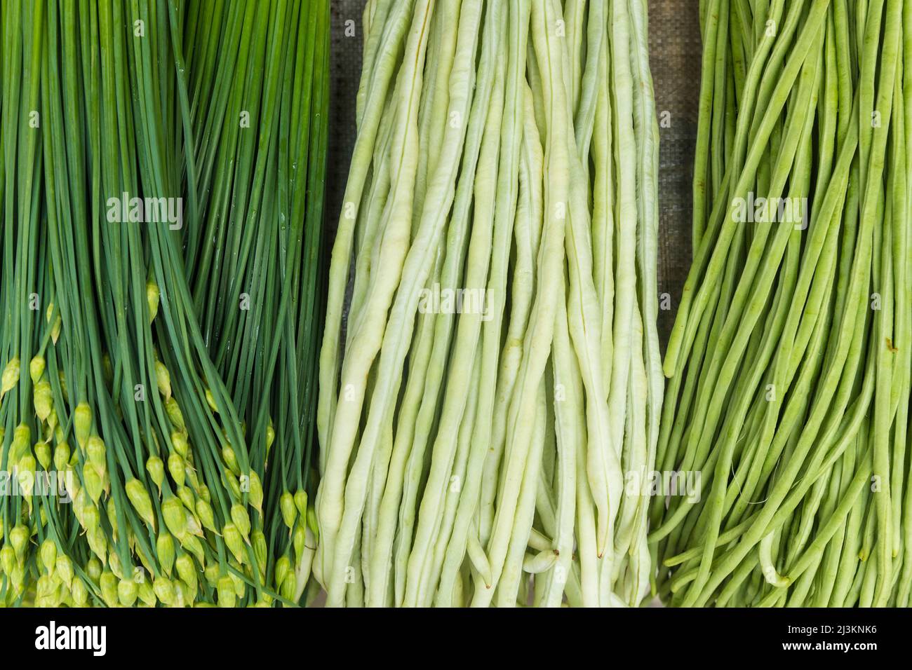 Nahaufnahme von frischem Gemüse, Knoblauchsprossen und chinesischen langen Bohnen zum Verkauf auf dem Chengdu Markt; Sichuan, China Stockfoto