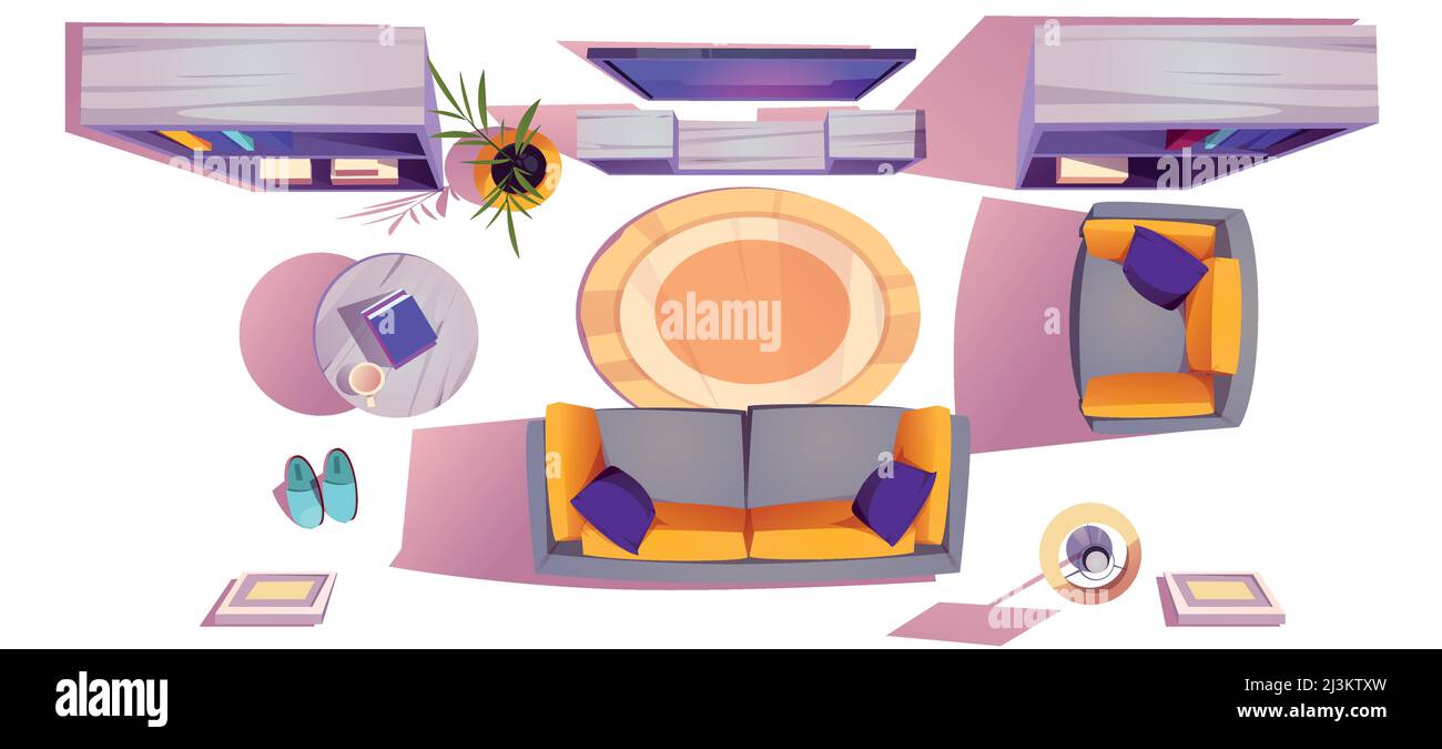 Blick von oben auf Wohnzimmermöbel, Sofa, Stuhl, Bücherregale und tv-Bildschirm. Vector Cartoon Satz von Lounge-Interieur mit Couch, Couchtisch, Sessel und Stock Vektor