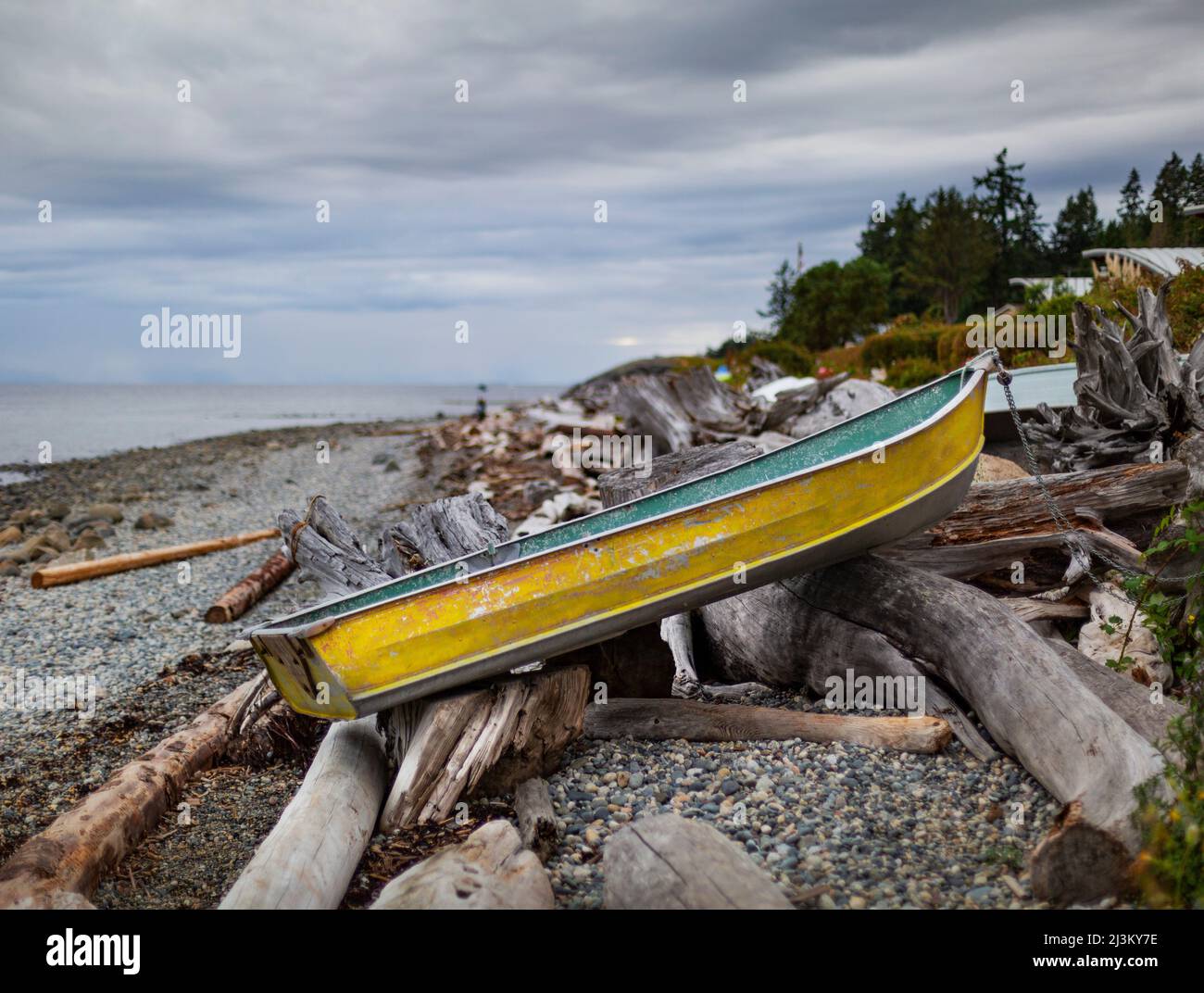 An der Sunshine Coast, British Columbia, Kanada, wird ein Ruderboot aus Metall auf dem Treibholz an der Küste hochgezogen Stockfoto