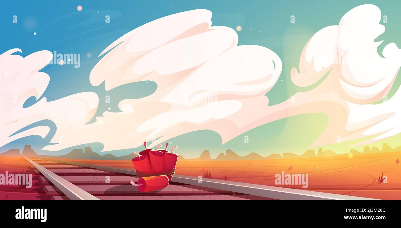 Wilde westliche Landschaft mit Eisenbahn und Dynamit. Vektor-Cartoon-Illustration der westlichen Wüste mit Eisenbahnstrecke und tnt. Versuch der Banditen, zu destro Stock Vektor