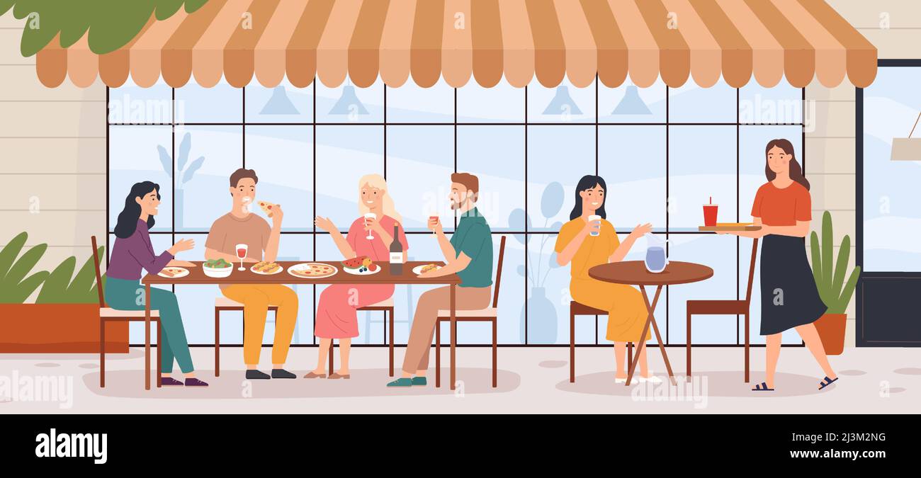 Menschen im Café im Freien. Mann und Frau sitzen an Tischen auf der Stadtstraße gegen Gebäudefassaden. Figuren essen Pizza Stock Vektor