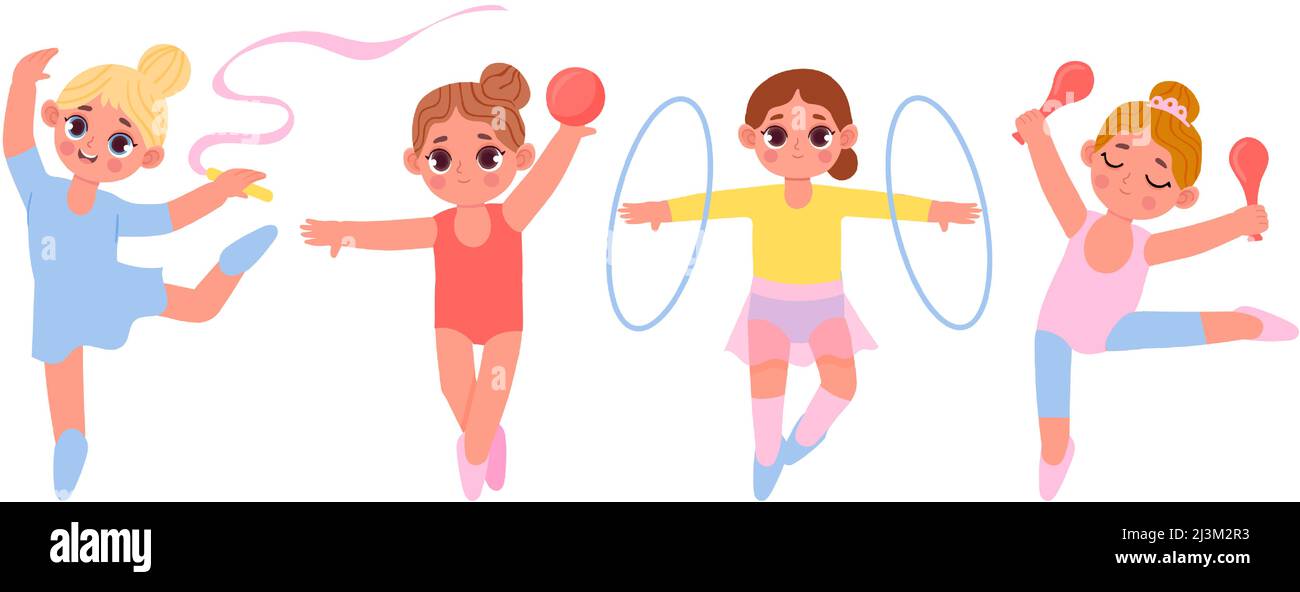 Cartoon kleine Turnerin Mädchen. Kinder trainieren mit Reifen, Ball und Schlägern. Nette Kinder mit rhythmischen Fitness-Training Stock Vektor