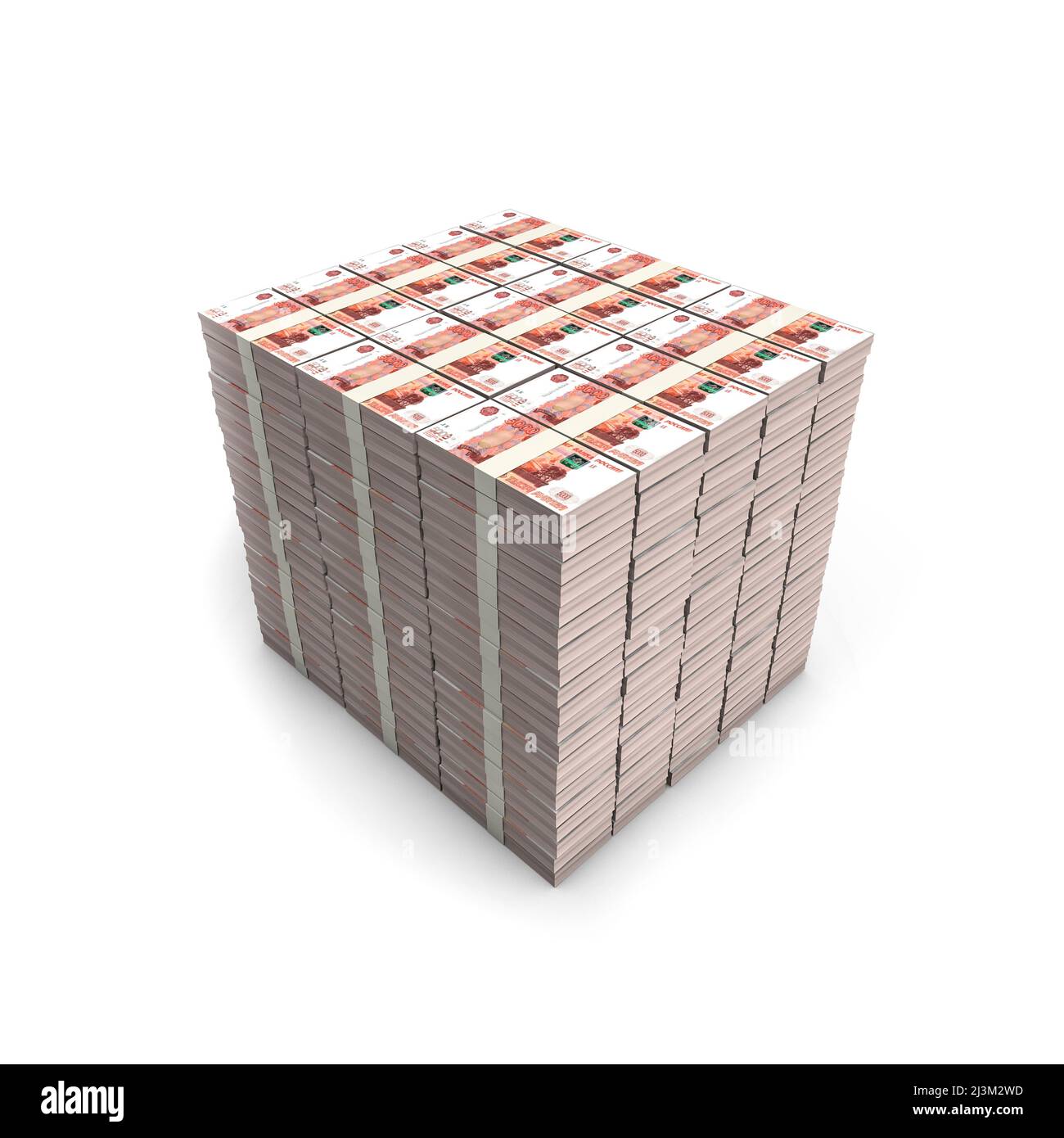 Millionen von Rubel - 3D Illustration der Stapel von russischen fünftausend Rubel-Banknoten auf weißem Studio-Hintergrund isoliert Stockfoto