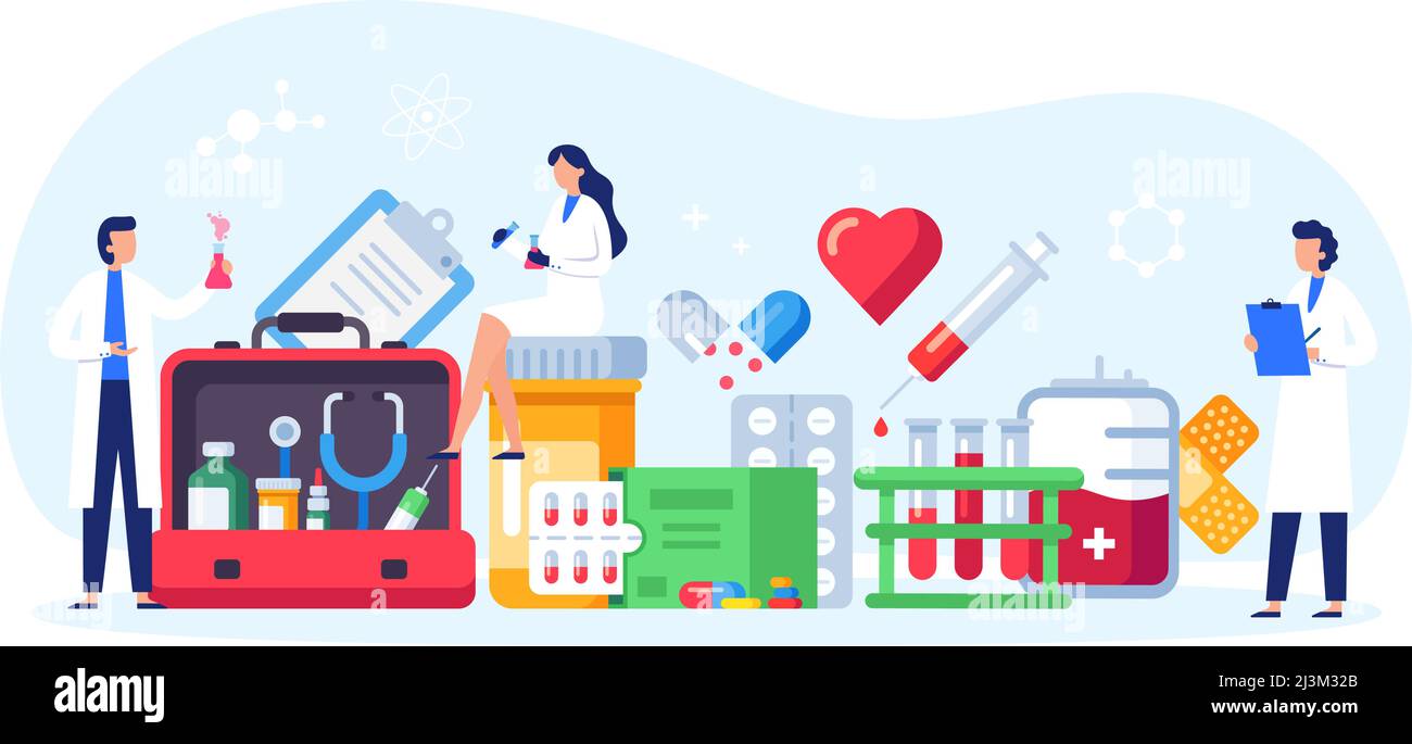 Medizinische Forschung. Wissenschaftler in Uniform experimentieren in Reagenzgläsern und Kolben. Erfindung von Medikamenten gegen Krankheiten Stock Vektor