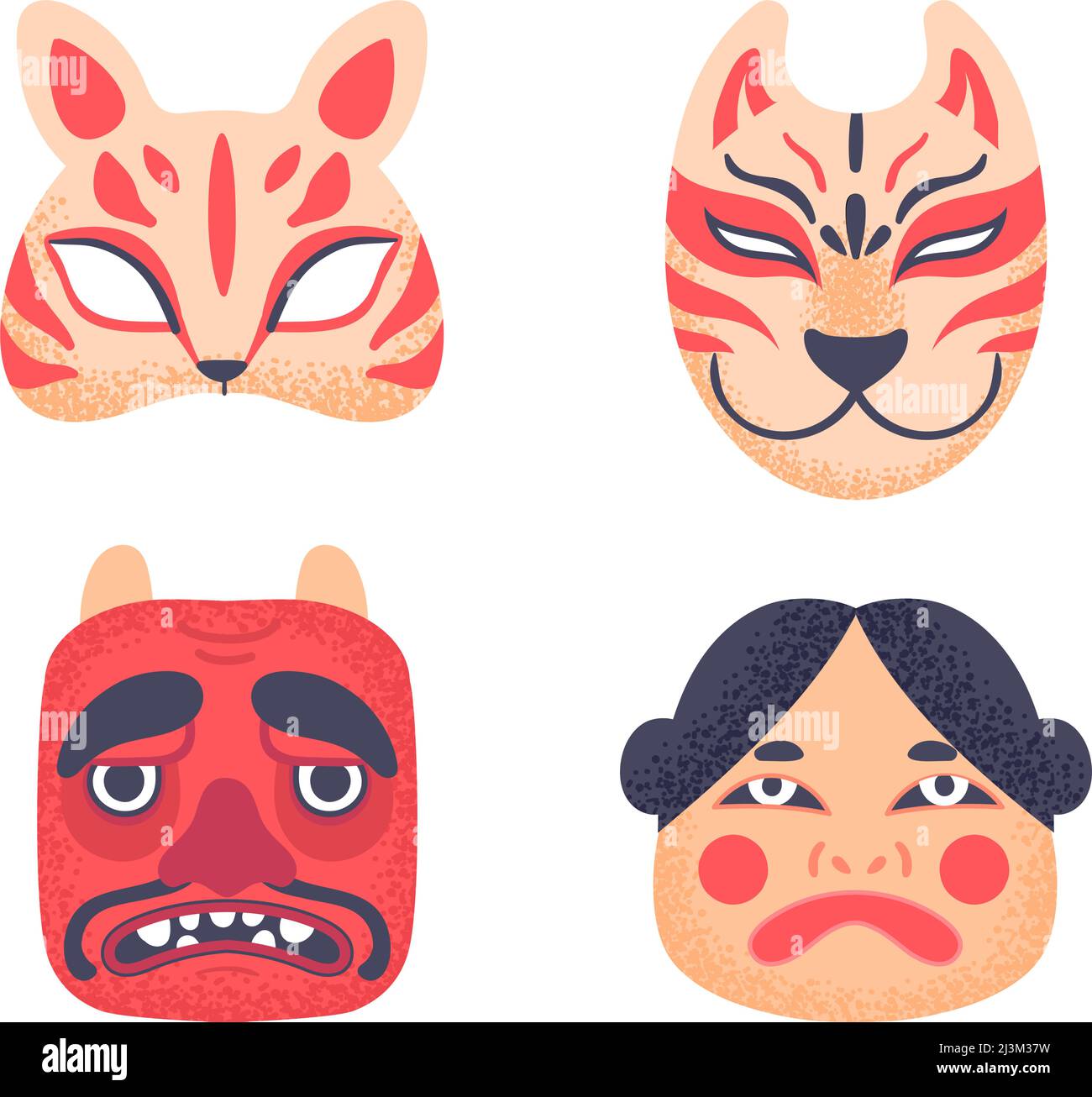 Asiatische Kultursymbole. Authentisches japanisches Theater maskiert Gesichter. Traditionelle Mythologie Figuren für Maskerade Stock Vektor