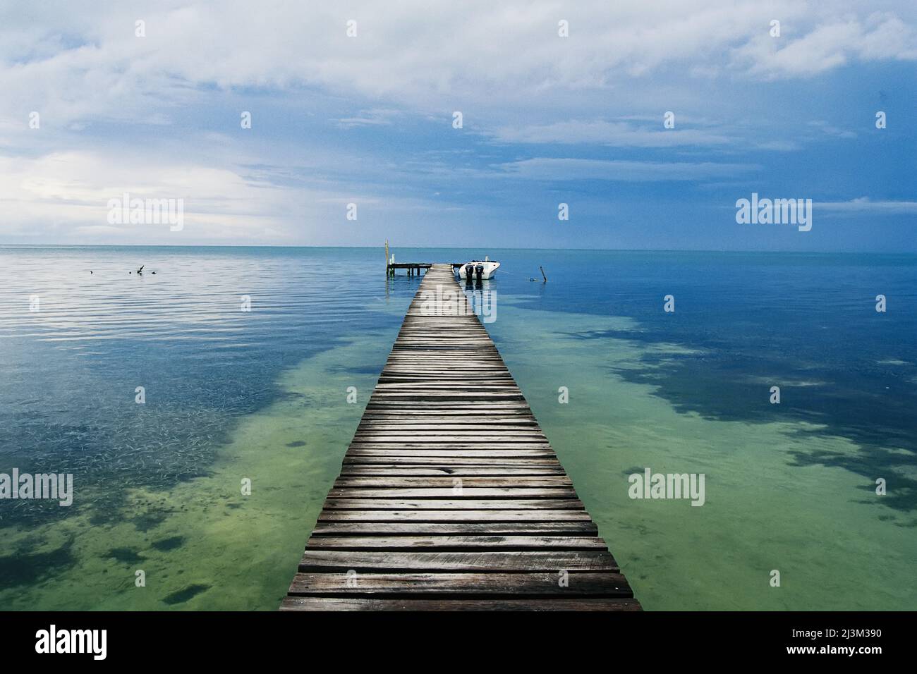 Ein Dock, das zum Horizont in Cay Caulker führt.; Cay Caulker, Belize. Stockfoto