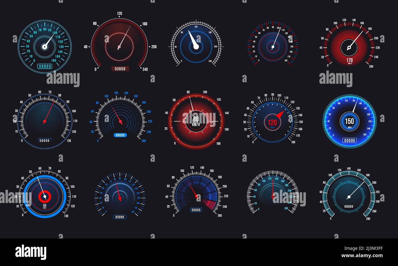 Futuristische Auto Geschwindigkeitsmesser, Geschwindigkeitsanzeigen mit  Zeiger für Fahrzeug Armaturenbrett isoliert Vektor-Set. Abbildung des  Tachos auf dem Armaturenbrett, Geschwindigkeit Stock-Vektorgrafik - Alamy