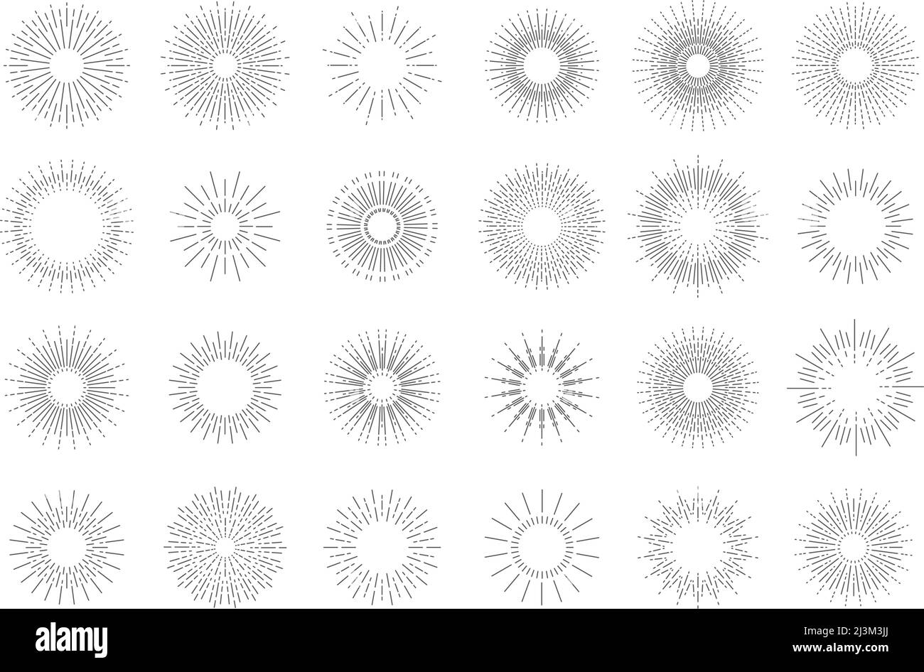 Sonnenstrahlen. Linie Feuerwerk Explosion dekorative Elemente Vorlage für Logo Emblem und Banner. Vektor-isolierter Satz Stock Vektor