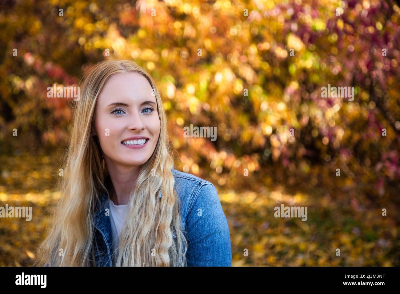 Eine junge querschnittsgelähmte Frau an einem schönen Herbsttag in einem Park; Edmonton, Alberta, Kanada Stockfoto