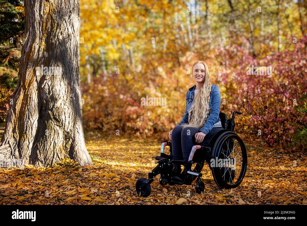 Eine junge querschnittsgelähmte Frau in ihrem Rollstuhl an einem schönen Herbsttag in einem Park; Edmonton, Alberta, Kanada Stockfoto