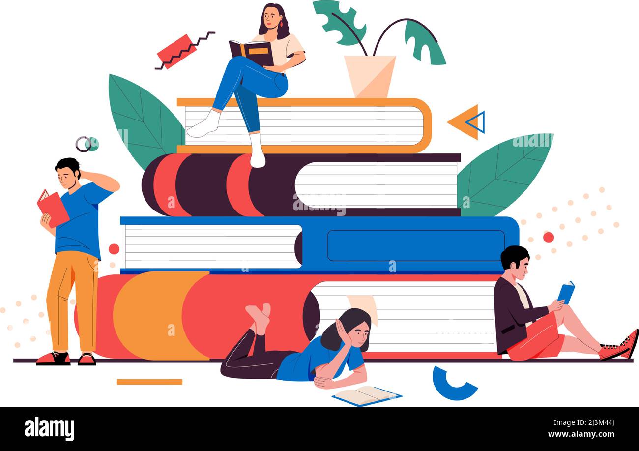 Studenten mit Büchern. Cartoon junge Menschen lesen Bücher und studieren, Selbstbildungs-Konzept Stock Vektor