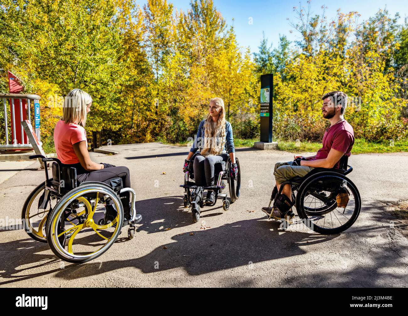 Eine Gruppe von drei jungen Querschnittsgelähmten, die an einem schönen Herbsttag gemeinsam in einem Park in Edmonton, Alberta, Kanada, unterwegs waren Stockfoto