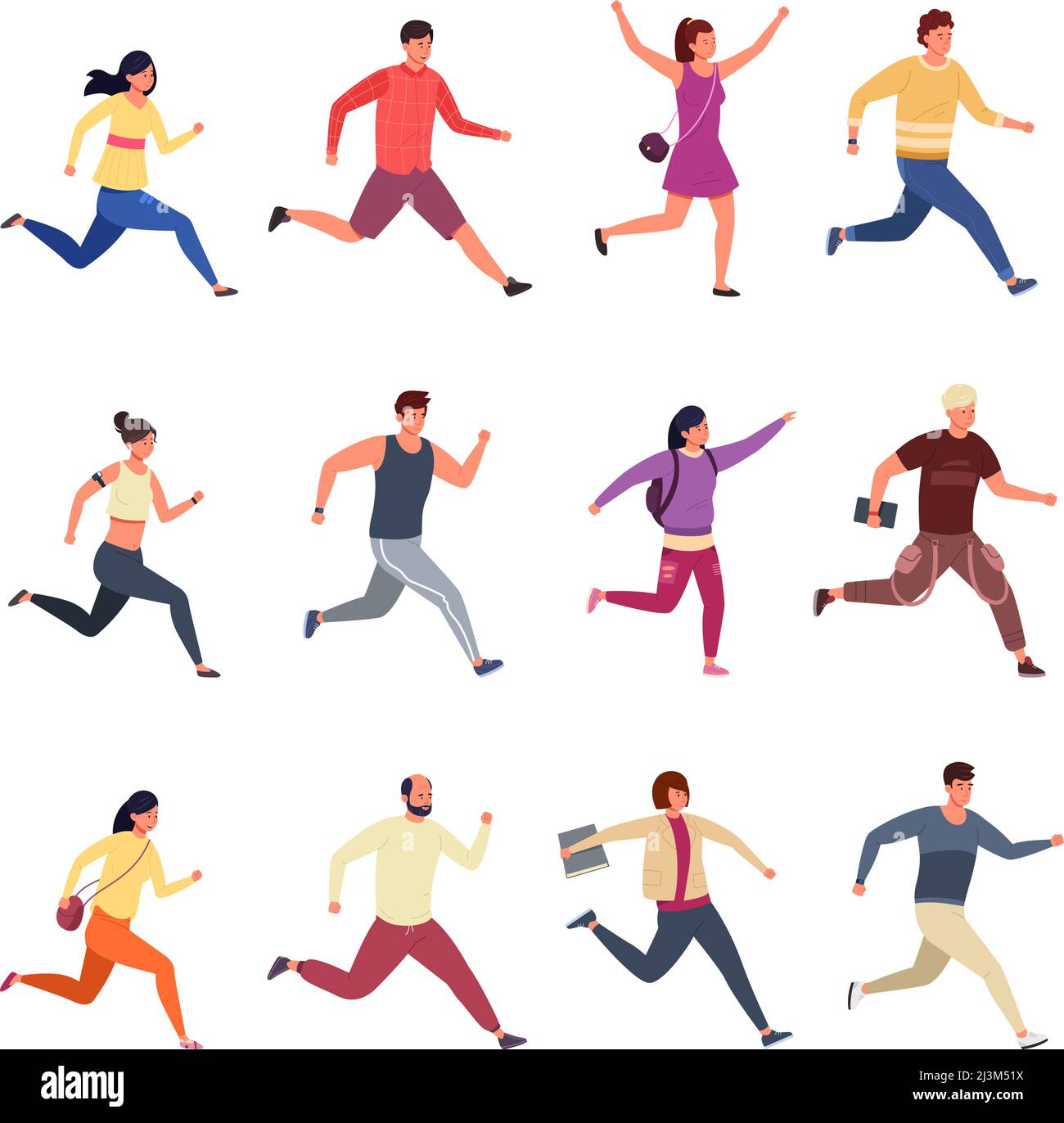 Laufende Zeichen. Cartoon Menschen tragen Freizeit-und Sportkleidung Laufen und Joggen, beeilen Männer und Frauen. Vektorset Stock Vektor