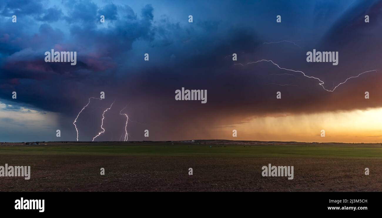 Blitzschläge von einem schwachen Luftmassengewitter bei Sonnenuntergang im Texas Panhandle; Texas, Vereinigte Staaten von Amerika Stockfoto