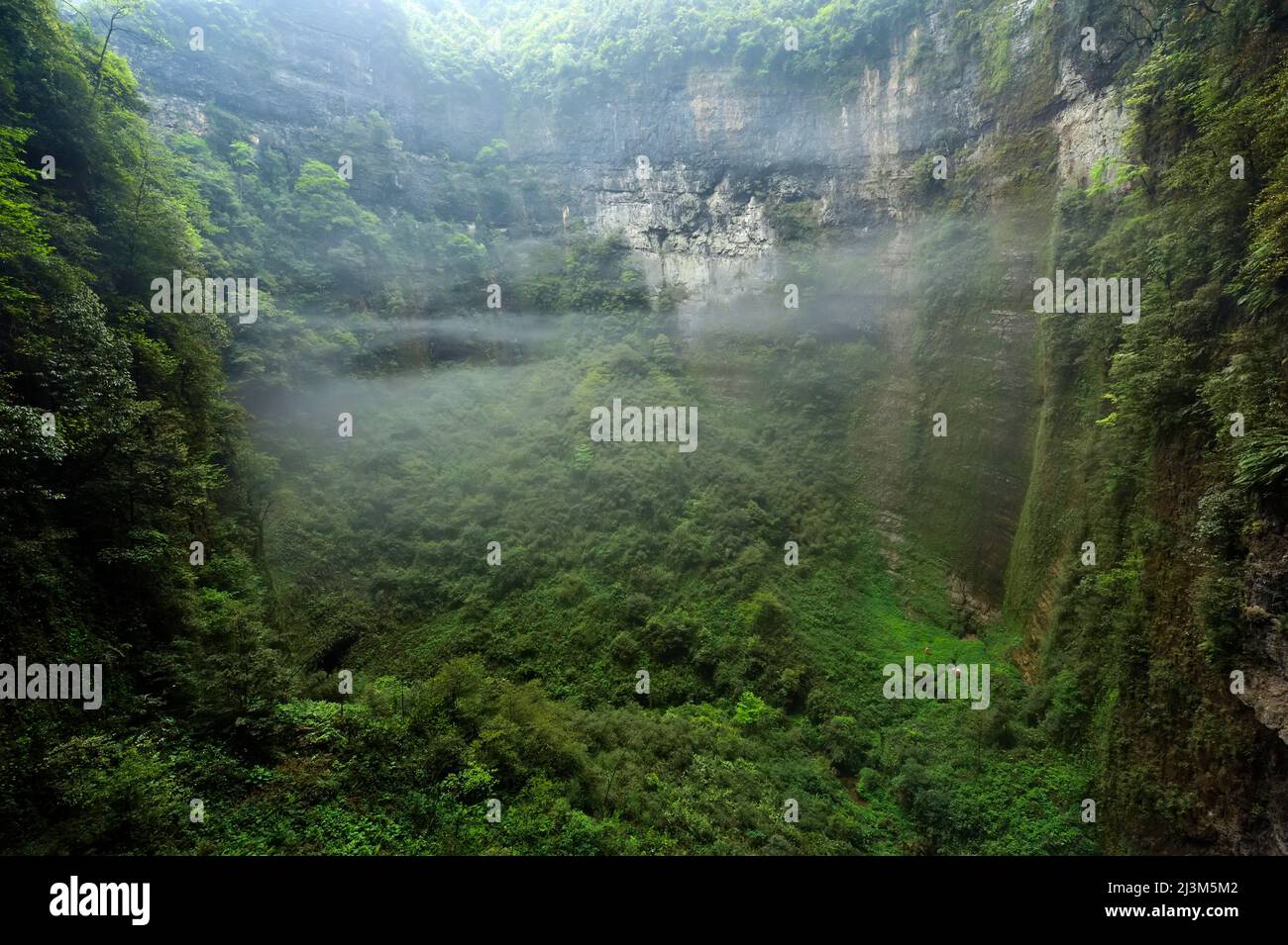 Drei Höhlenforscher im stark bewachsenen Boden des Höhlensystems Er Wang Dong; Wulong, Provinz Chongqing, China. Stockfoto