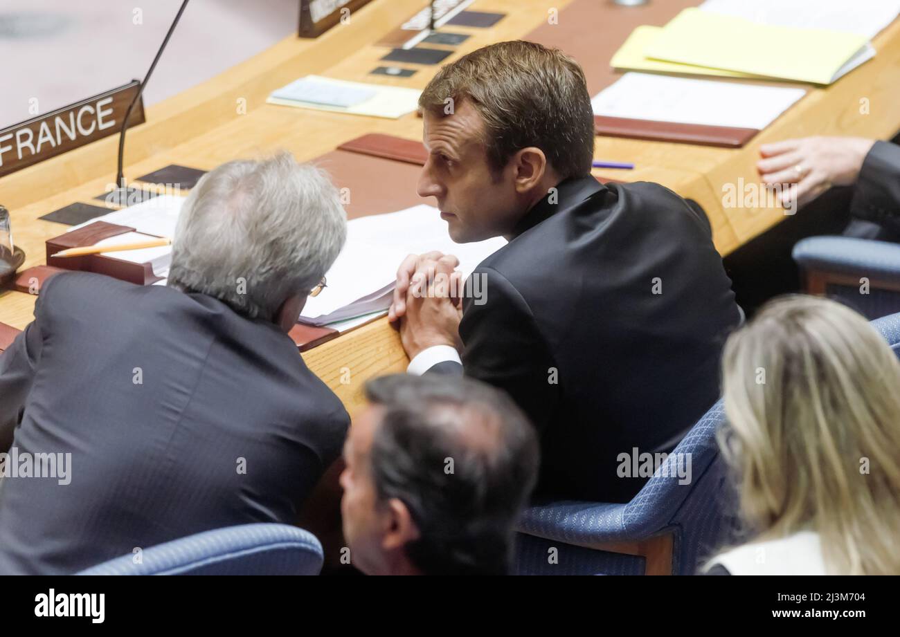 New York, USA. 20. September 2017. Der französische Präsident Emmanuel Macron nimmt an der Debatte auf dem Gipfel des UN-Sicherheitsrats Teil: Reformen im Bereich der UN-Friedenssicherung: Umsetzung und weitere Schritte. (Bild: © Mykhaylo Palinchak/SOPA Images via ZUMA Press Wire) Stockfoto