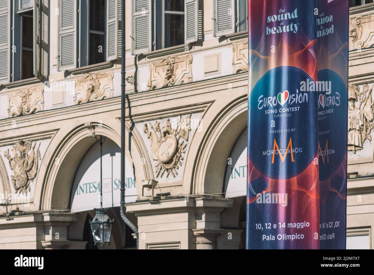 Plakat des Eurovision Music Song Contest 2022 in Turin im Zentrum der Piazza San Carlo im Zentrum von Turin Stockfoto