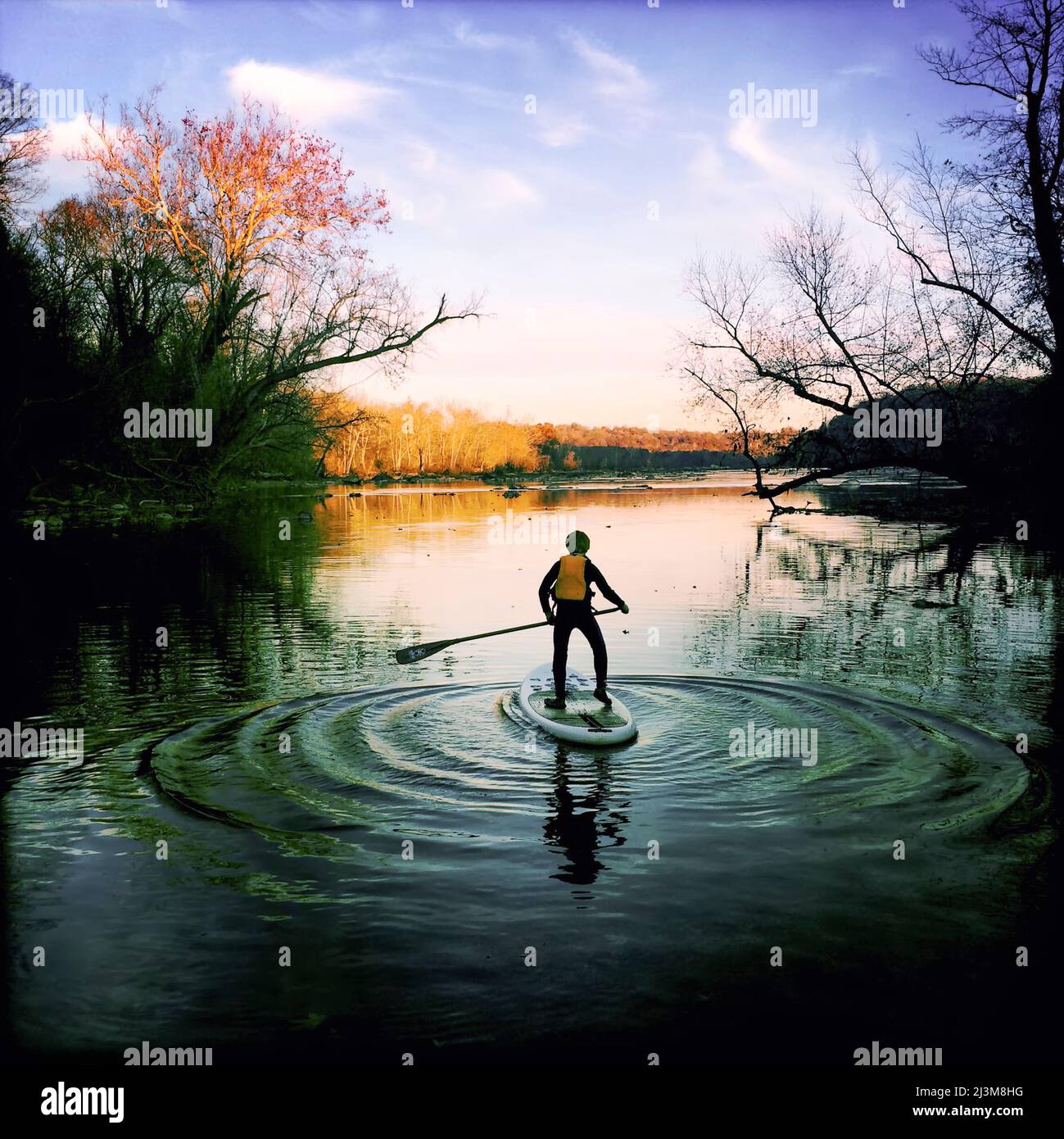 Ein 9-jähriger Junge plätschernd mit seinem Stand-up-Paddle-Board auf dem Potomac River in der Nähe von Cabin John.; Potomac River, Cabin John, Maryland. Stockfoto