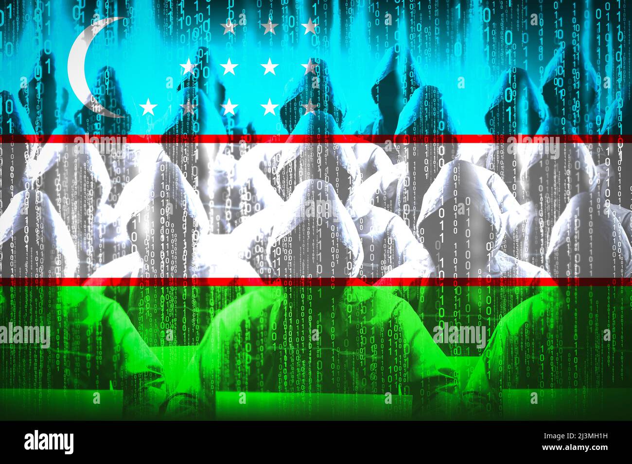 Anonyme Kapuzen-Hacker, Flagge Usbekistans, Binärcode - Cyber-Angriffskonzept Stockfoto