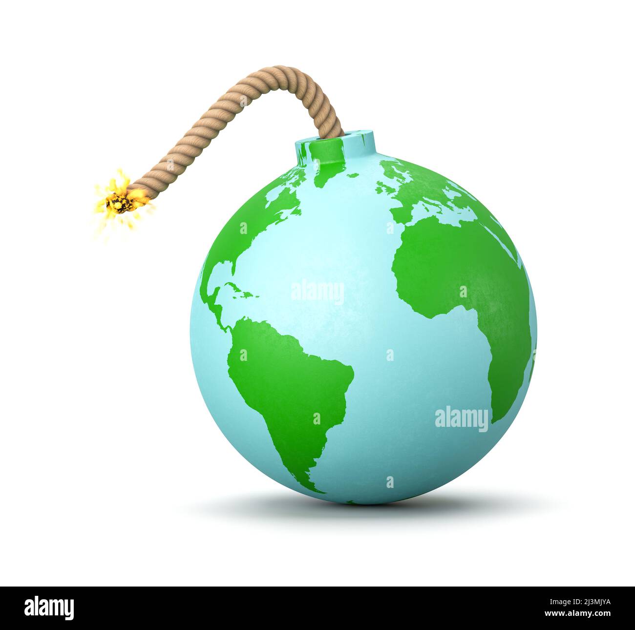 Erde in Form einer Cartoon Bombe mit beleuchteter Fuse auf Weiß Stockfoto